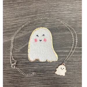 New! White & Gold GHOST Patch & Necklace - Halloween Two Piece Set